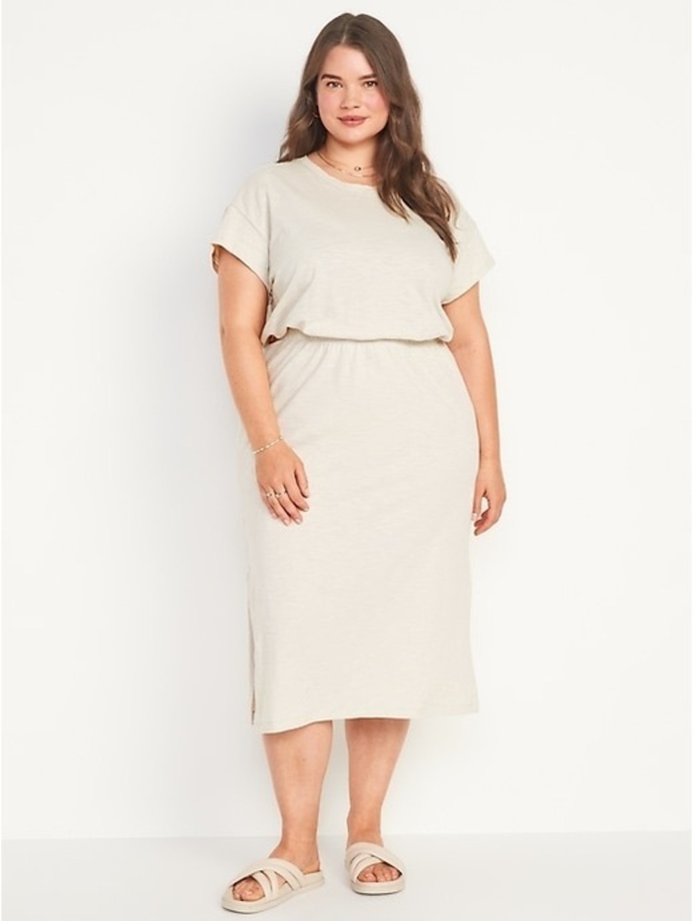 Old Navy Waist-Defined Short-Sleeve Cutout-Back Slub-Knit Midi Dress PS